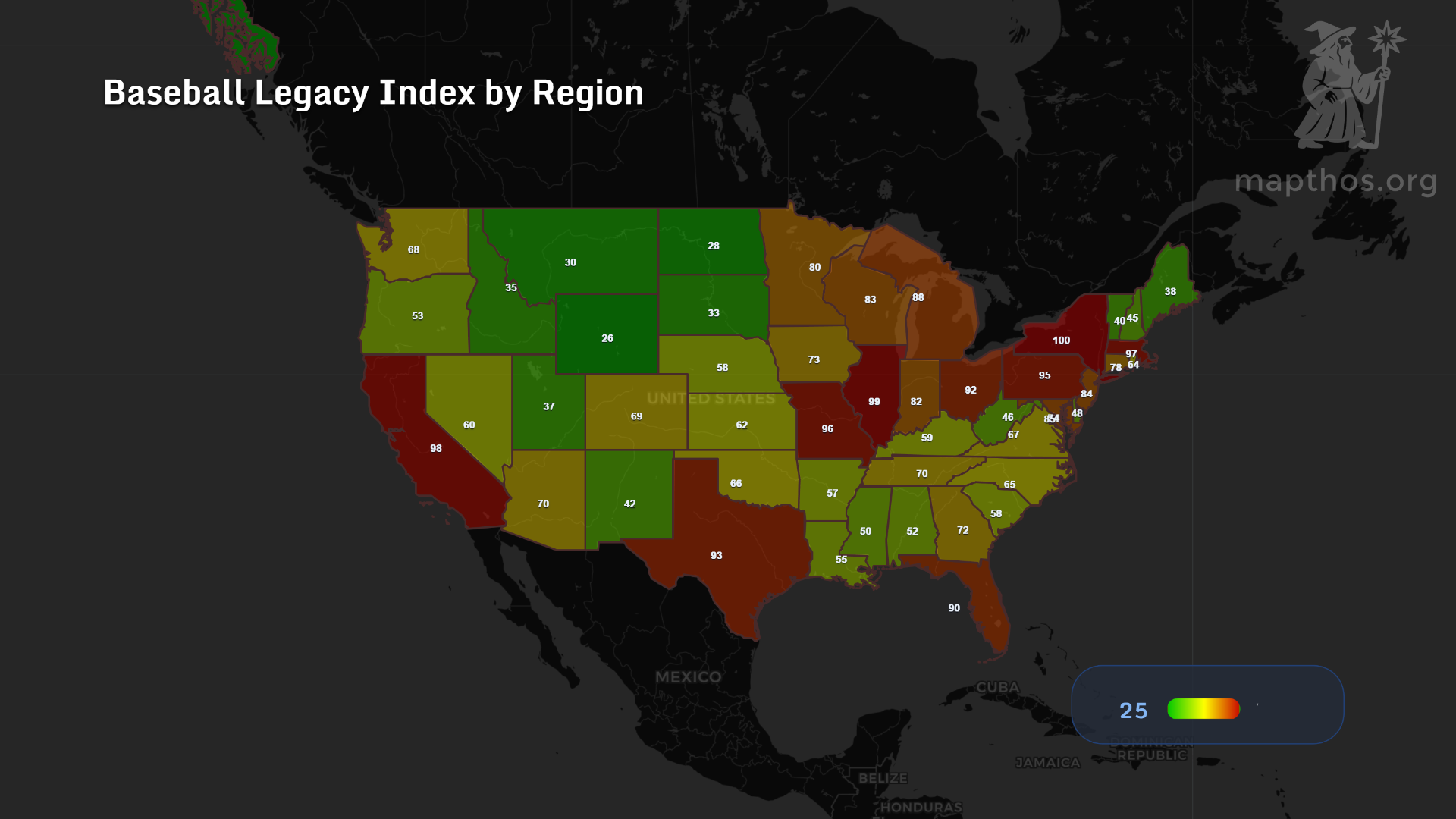 Baseball Legacy Index 2025 — historical baseball fandom by U.S. region